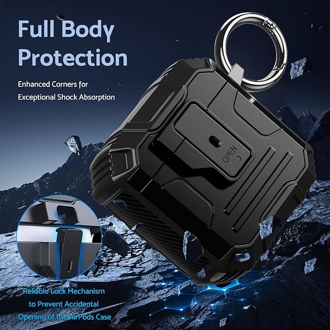 DASFOND Armor Cover AirPods 2nd & 1st Generation Case, Military Grade Full Body Shockproof Protection Hard Case, Support Wireless Charging with Keychain, Magnetic Lid, Front LED Visible, Black