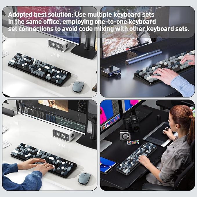 Keyboard and Mouse Wireless,Cute Retro Wireless Keyboard Mouse Combo with Round Key,2.4Ghz Dropout-Free Connection,Typewriter Keyboard Mouse Set for PC Laptop Desktop Computer-Grey Colorful