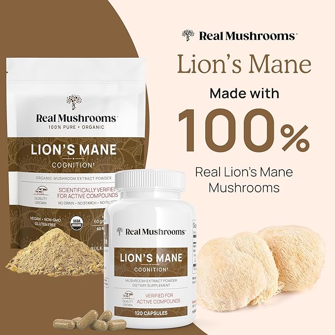 Lions Mane Mushroom Cognition (120 Capsules) Lions Mane Mushroom Powder Extract Capsules | Brain Supplement, Brain Vitamins, Focus Supplement