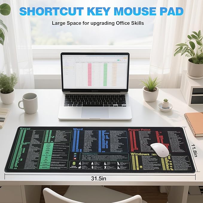 Office Shortcut Mouse Pad - 200+ Hotkeys for Excel/Word/PPT/Windows, 31.5"×11.8" XL, Waterproof Anti - Slip Stitched Edge, 8 Desk Exercises for Efficiency