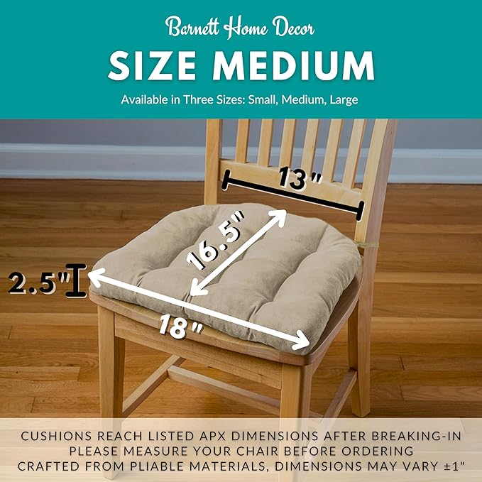 Barnett Home Decor Ticking Stripe Natural Dining Chair Pad with Ties - Medium Size 18 Chair Cushion - Latex Foam Fill - Machine Washable, Reversible, Solid Color, 100% Cotton, Made in USA