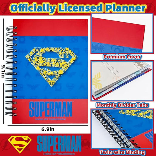 Hardcover Spiral Notebook Journal with 12 Dividers Tabs,Weekly & Monthly Planner,Productivity Journal,Superhero Theme,Leather Organizer for Work,School,Adults,Teens and Professionals (SUPERM-Logo)