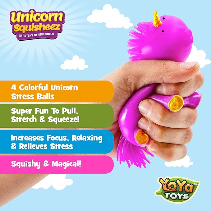 YoYa Toys Unicorn Squisheez Squishy Stress Relief Balls (Set Of 4) | Stretchy Magical Fidget Toys For Boys, Girls & Adults | Cute Colorful Sensory Squeeze Stretch Toy | Great For ADHD, Autism, Anxiety