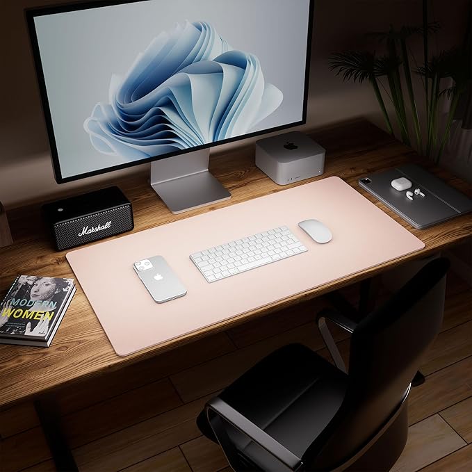 Aothia Double-Sided Desk Pad – 35.4" x 15.7" Leather Desk Mat with Eco Cork Protector, Large Mouse Pad, Waterproof Desk Blotter for Office/Home (Pink)