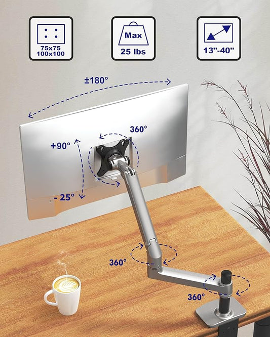 Single Monitor Arm Desk Mount, Holds Screens up to 40 Inches and 25 lbs, Fully Adjustable Vesa Monitor Mount with C-Clamp and Grommet Base, Aluminum, Silver