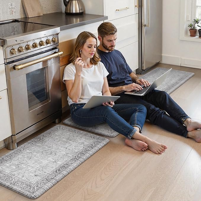 KIMODE Anti Fatigue Kitchen Mats for Floor, Boho Vintage Kitchen Rugs Sets of 2, Cushioned Kitchen Floor Mats Non Slip, Comfort Rugs for Kitchen Floor Sink Laundry Desk Grey 20"x59"+20"x32"