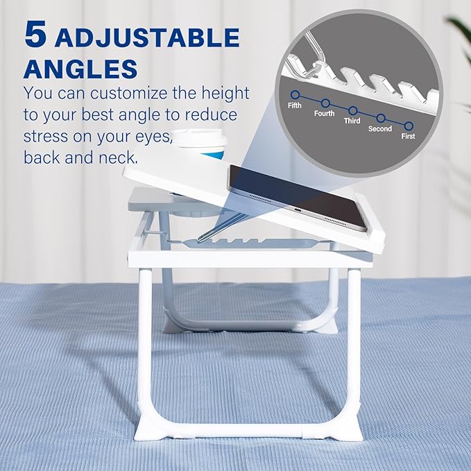 Laptop Desk for Bed Couch, Adjustable Foldable Bed Table with Cup Holder, Breakfast Serving Tray, Portable Laptop Lap Desk Stand for Working Reading Writing Eating Gaming in Bed Sofa Floor(White)