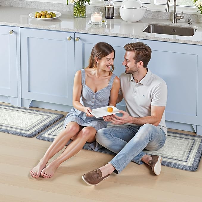 KIMODE Anti Fatigue Kitchen Mats 2PCS, Non-Slip Waterproof Kitchen Rugs, Cushioned Kitchen Mat for Floor, Comfort Standing Mat for Sink, Laundry, Office, Desk Blue and Grey 20"x47"+20"x32"