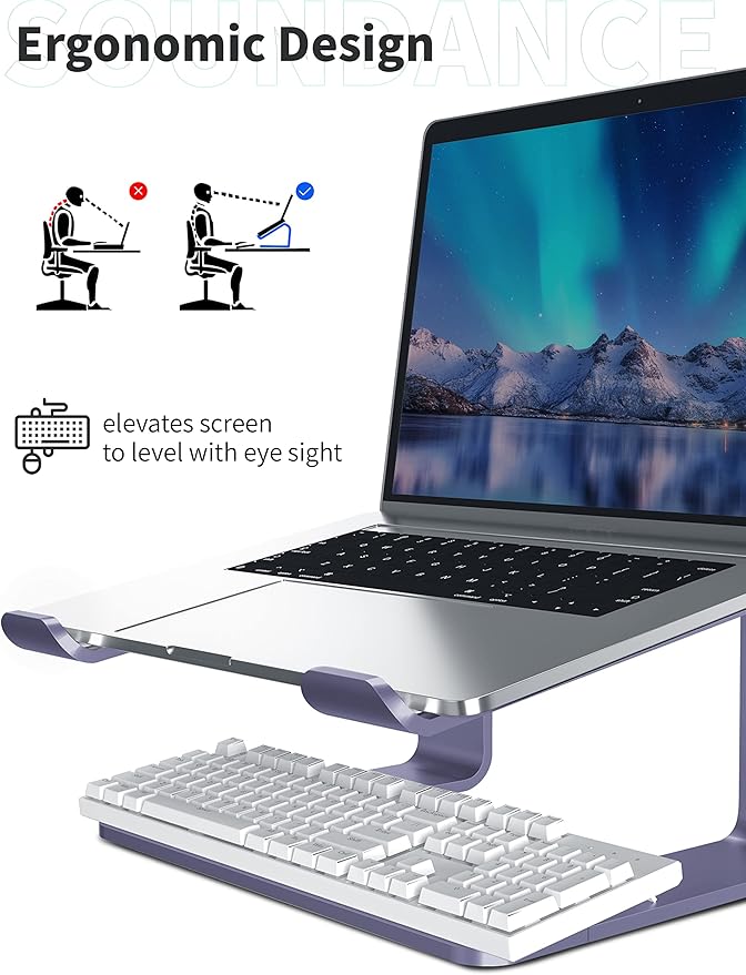 SOUNDANCE Laptop Stand, Aluminum Computer Riser, Ergonomic Laptops Elevator for Desk, Metal Holder Compatible with 10 to 15.6 Inches Notebook Computer, Purple