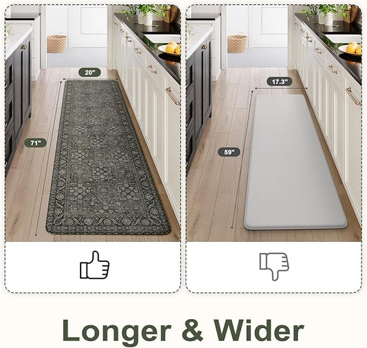 KIMODE Anti Fatigue Kitchen Mats for Floor, 20"x71" Boho Oriental Kitchen Rug, Non Slip Waterproof Kitchen Floor Mats, Memory Foam Kitchen Mat for Sink Laundry Office Desk Green/Grey