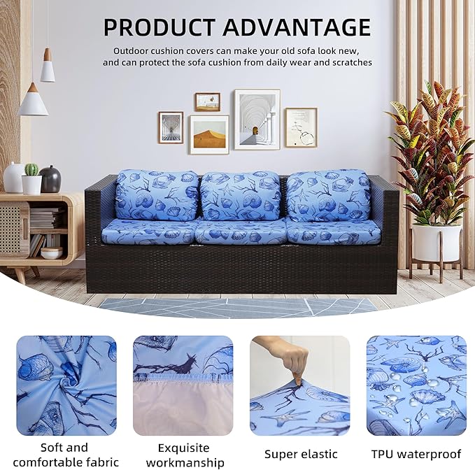 8Pcs Stretch Patio Cushion Covers Waterproof Outdoor Cushion Covers Patio Couch Cover Slipcovers, for Outdoor Furniture Protector Covers Replacement(Cover Only) (Ocean)