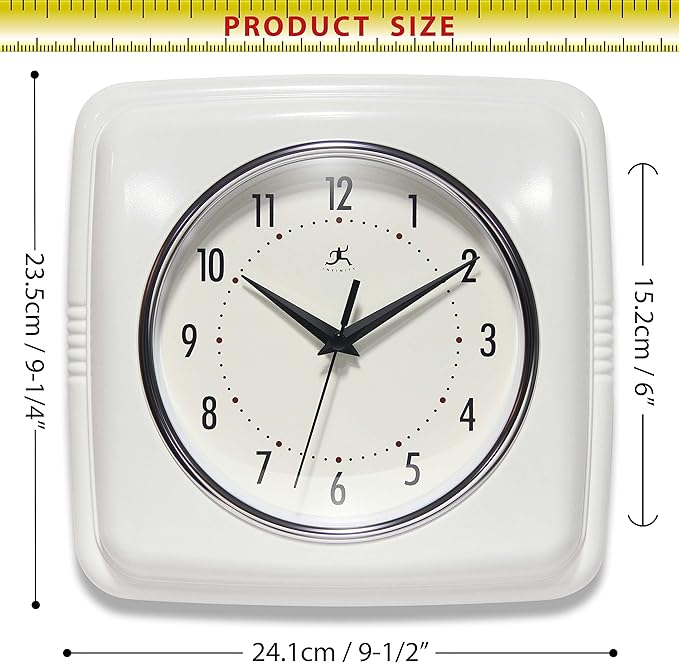 Infinity Instruments Retro – 9-Inch Square Silent Non-Ticking Mid-Century Modern Wall Clock – Vintage Decorative Timepiece for Kitchen, Office, or Diner – White