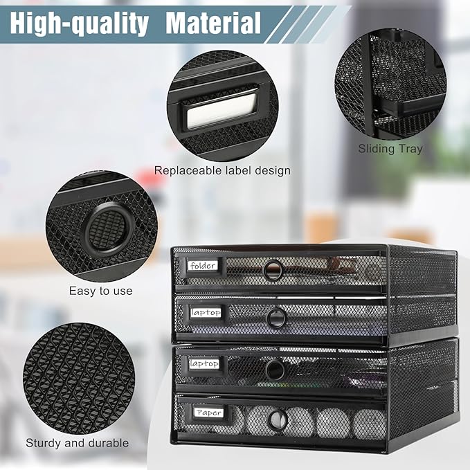 Zhanmai 2 Pack Desk Organizer with Drawer Total 4 Tiers, Wire Mesh Organizers Tray Multifunctional Paper Sorter File Stand for Home Office Supplies Storage Letter A4 Paper Office Accessories (Black)