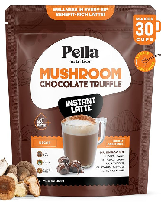 Organic Chocolate Truffle Instant Latte - Hot Chocolate Blend - Vegan, Non-GMO, Mushroom Coffee Organic - Reishi, Chaga, Lion's Mane, Turkey Tail - Mushroom Latte Supplement, Caffeine-Free 30 Servings