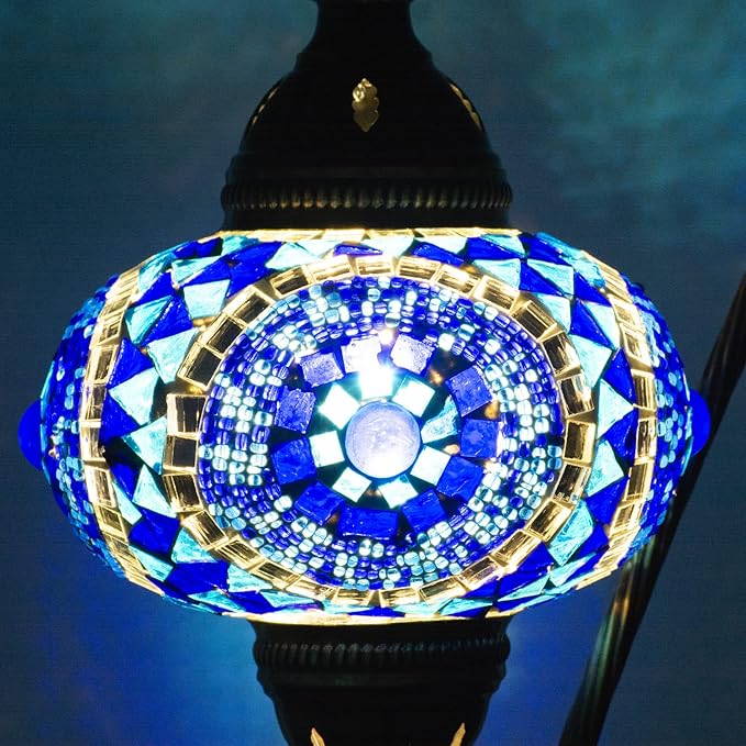 mozaist Turkish Mosaic Swan Neck Table Lamp, Moroccan Boho Style Sea Blue Gooseneck Rustic Home Décor, Tiffany Bohemian Bedside Farmhouse Desk Light with E12 Socket & US Plug (Evil Eye Blue)