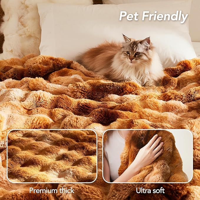 L'AGRATY Faux Fur Throw Blanket: 50" x 60" Luxury Soft Fluffy Thick Rabbit Fur Blankets for Couch Bed Sofa - Cozy Plush Bubble Blankets for Home Decor: Warm Flannel Fleece Decorative Blanket