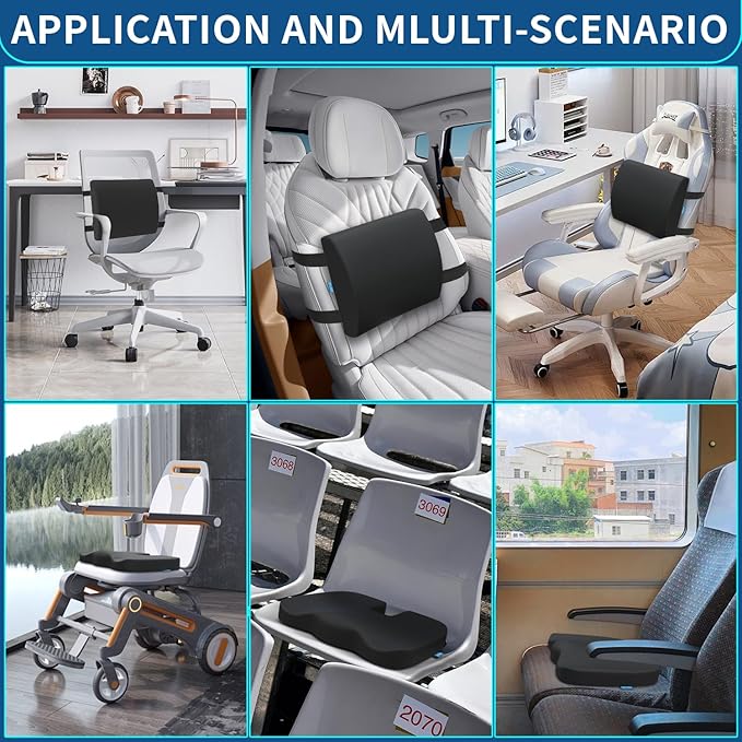 Memory Foam Seat Cushion & Lumbar Support Pillow for Office Chair Car Wheelchair Orthopedic Chair Pad and Back Cushion with Adjustable Straps for Lower Back, Tailbone, Sciatica, Hip Pain Relief