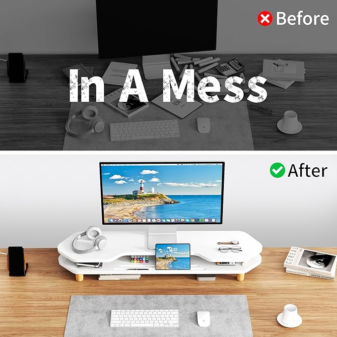 2 Tier White Dual Monitor Stand Riser,Wider Board Computer Monitor Stand for 2 Monitors,Slot For Phone/Tablet Office Desktop Organizer for Laptop,PC,Computer,Printer,White