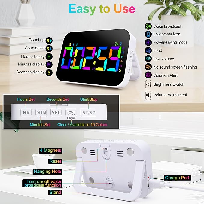 Digital Kitchen Timer, 10 RGB Color Rechargeable Magnetic Timer for Cooking with Countdown/Up, 5”LED Large Display with Sound Alert Function, Kids Timers for Classroom Gym Work Study Fitness Game