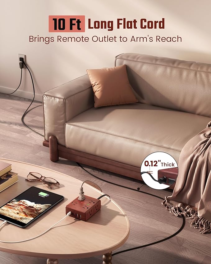 Brown Extension Cord 10Ft, Flat Plug Power Strip Surge Protector, 8 Outlet 4 USB Ports (2 USB C), Wall Mountable, Decorative Wood Charging Station for Home Office Desk Accessories —Walnut Wood