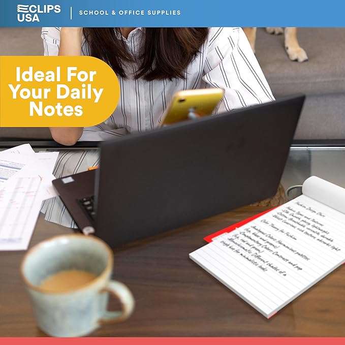 E-CLIPS USA Notepads, Ruled Writing Tablet, Note Pads 6 x 9, Small Notepads, Memo Pad, White, Chipboard Back, Writing Pad, Office Supplies, 100 Sheets Per Pad (6 Pack)
