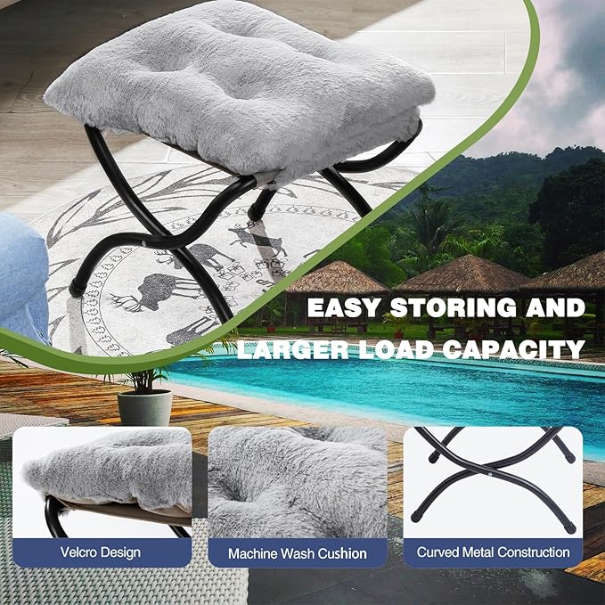 15" Foldable Foot Stool Ottoman with Metal Frame - Washable Faux Fur Grey Upholstered Indoor/Outdoor Footrest for Living Room, Bedroom, Patio - Space-Saving Compact Design