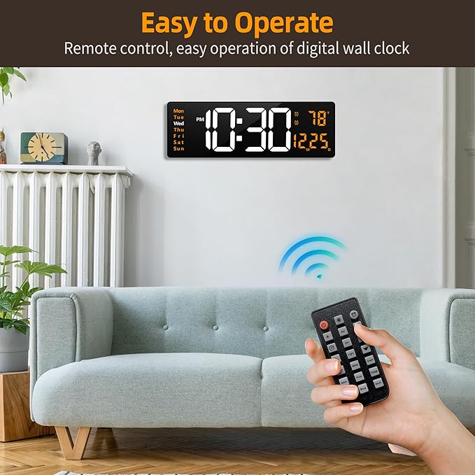 LEIKE 16.2'' Large Digital Wall Clock with Remote Control, Big LED/Dual Alarm/Auto Brightness/Date/DST/Temperature/Night Light Gym Clocks for Living Room Bedroom Office Classroom Wall Decor
