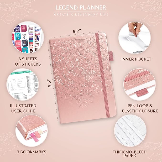 Legend Planner Daily for 3 Months – Undated Monthly Weekly & Daily Planner to Hit Goals. Organizer & Productivity Journal, A5 (Rose Gold)