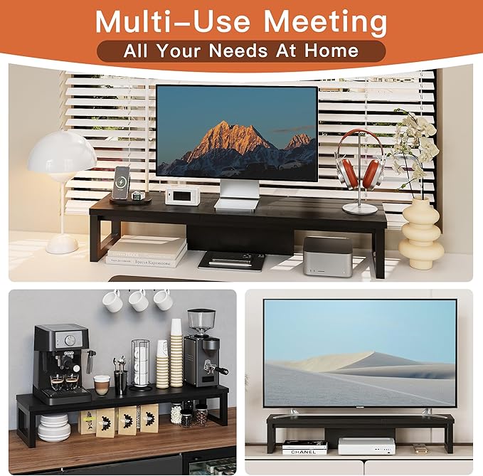 Dual Monitor Stand Riser, Wood and Steel Monitor Stand for Desk, Multi-Purpose Desk Shelf Organizer for Computer, Laptop, Printer, TV, Black