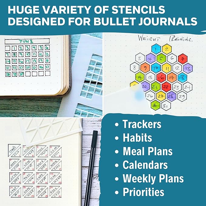 Portable Planner Stencils - x16 Small Square Journal Stencils with Templates for Habit Trackers, Calendars, Checklists, Meal Plans - Journaling Supplies Kit & Planner Accessories for Bullet Journals