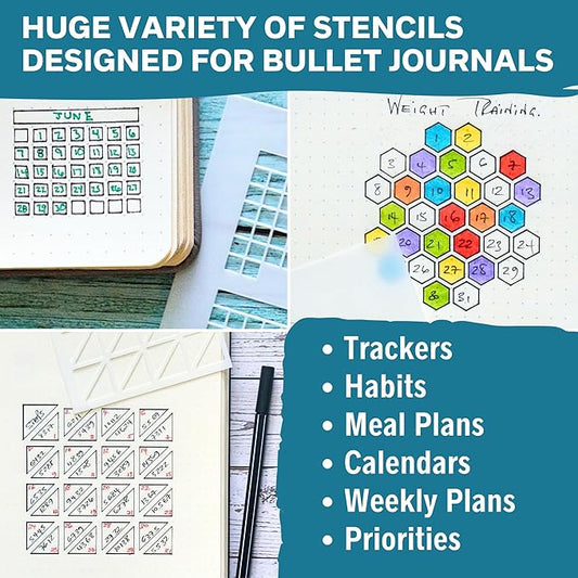 Portable Planner Stencils - x16 Small Square Journal Stencils with Templates for Habit Trackers, Calendars, Checklists, Meal Plans - Journaling Supplies Kit & Planner Accessories for Bullet Journals