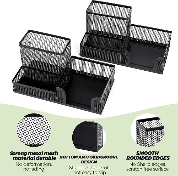 Ludato 4 Pieces 3 Compartments Mesh Pen Holder Desk Organizers Caddy and Accessories for Desk,Black Pencil Holder,Sticky Notes Holder for Home,Office and School