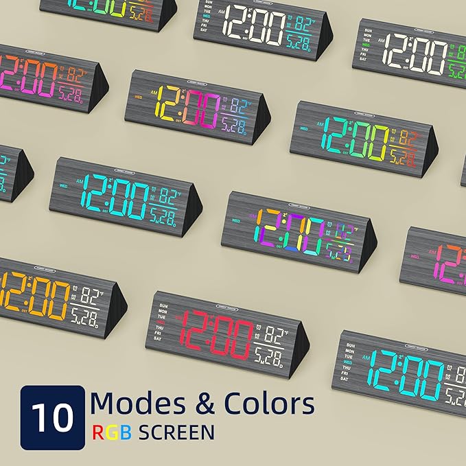 Solid Wood Digital Alarm Clock for Bedroom - 8.8 Inch Large Display for Living Room, See Time Instantly! Multicolor Backlight Time Display, Dual Alarms, Date/Temp/Day, DST, Snooze (Black)