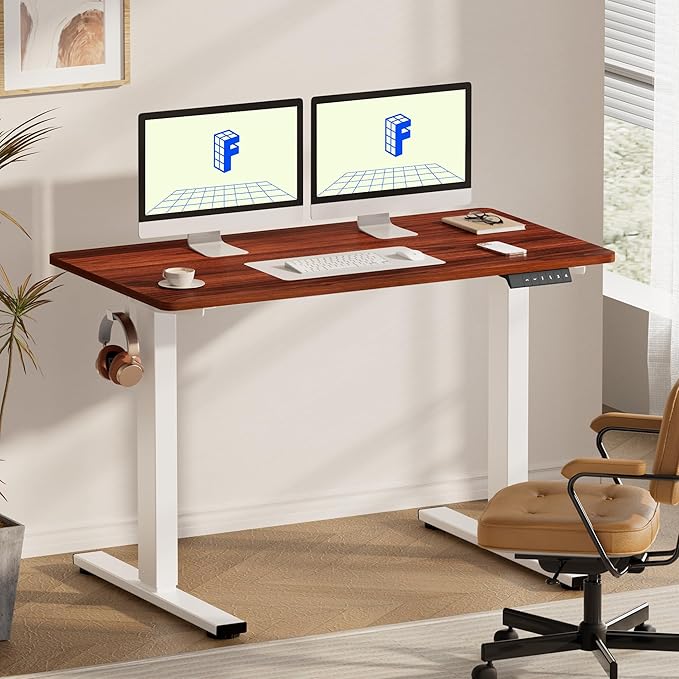 FLEXISPOT EN1 One-Piece Standing Desk, 55 x 28 Inches Electric Height Adjustable Desk for Home Office (White Frame + Mahogany Desktop, 2 Packages)