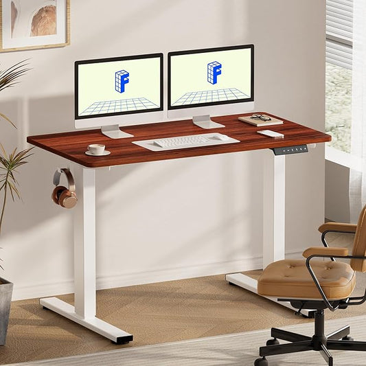 FLEXISPOT EN1 One-Piece Standing Desk, 55 x 28 Inches Electric Height Adjustable Desk for Home Office (White Frame + Mahogany Desktop, 2 Packages)
