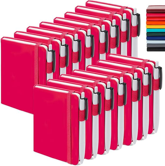feela 15 Pack Pocket Small Notebooks Bulk, Mini Cute Memo Notepads Hardcover College Ruled Lined Journals with Pen Holder for Women Girls Office School, with 15 Black Pens, 3.5”x 5.5”, A6, Berry