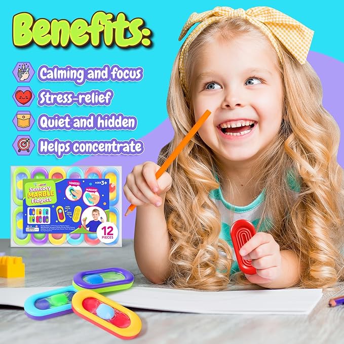 Sensory Marble Fidget for Kids Adults- 12 Pcs Gel Filled Autism Sensory Toys, Texture Quiet Fidget for Student Classroom Prize, Silent Stress Squishy Worry Stones, Travel Road Trip Activities