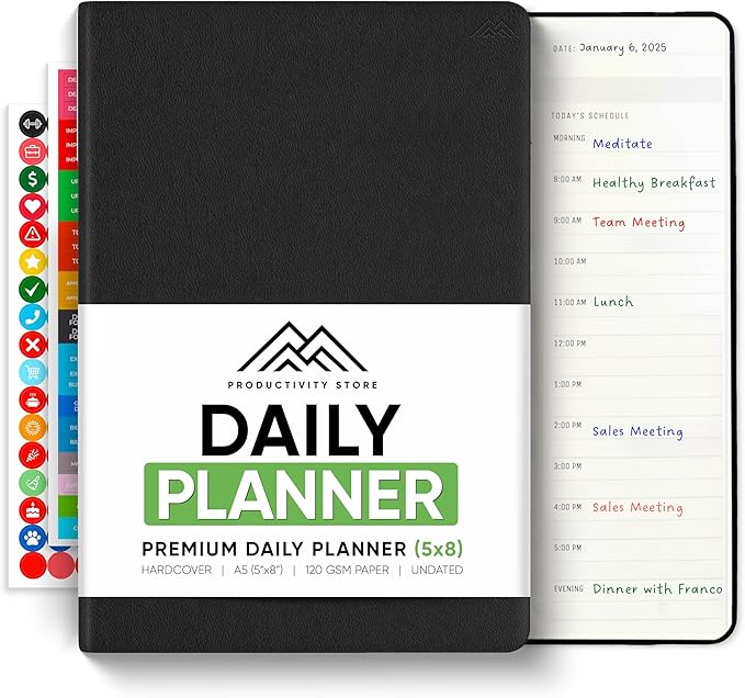 Daily Planner 2025 (5" x 8") - The Ultimate Daily Workflow Planner with Hourly Schedule & Task List to Achieve Your Goals by PRODUCTIVITY STORE (A5, Black)