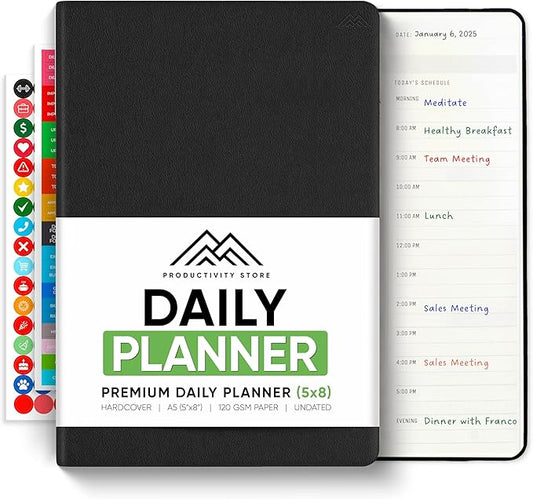 Daily Planner 2025 (5" x 8") - The Ultimate Daily Workflow Planner with Hourly Schedule & Task List to Achieve Your Goals by PRODUCTIVITY STORE (A5, Black)