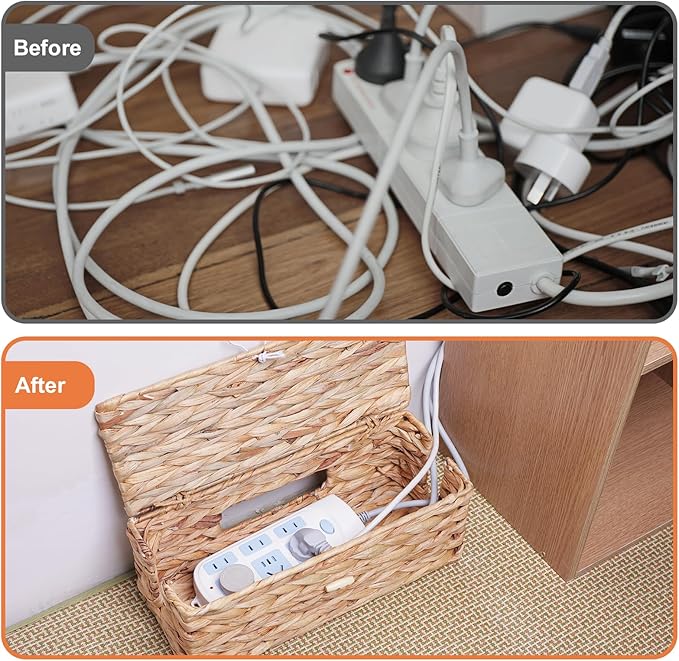 Cable Management Box, Cord Hider Organizer Box with Lid 2-Pack,2 Side Open Slots Handwoven Water Hyacinth Storage Box for Power Strips, Floor, Desk, Office