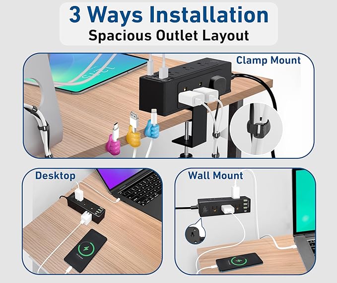 Desk Clamp Power Strip with USB C (20W PD) & USB A, 9 AC Outlets, Surge Protector, Flat Plug, 6.5ft Extension Cord – Desk Mount Power Station with Cable Management Kit for Home & Office – Black