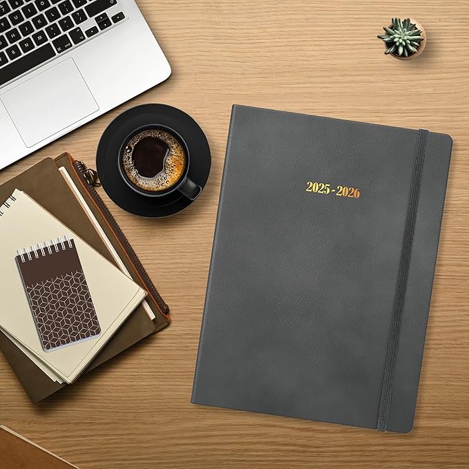 Ensight 2025-2026 HARDCOVER Leather Planner Weekly & Monthly - 8.5x11 Inches - Academic Planner Business Personal or Student - Pen Holder, Thick Paper, July 2025 - June 2026 (Grey)
