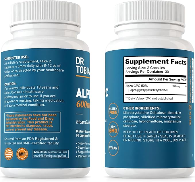 Dr. Tobias Alpha GPC 600mg Per Serving - Bioavailable Choline Supplements for Brain, Memory and Focus - Premium Nootropic Alpha GPC Choline Supplement, Vegan, Non-GMO, 60 Capsules, 30 Servings
