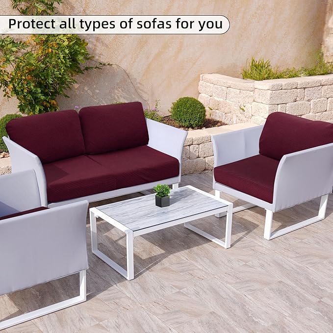 8Pcs Stretch Patio Cushion Cover Outdoor Cushion Cover Slipcovers Couch Cover Waterproof Replacement Sofa Cushion Covers Thick Jacquard Textured Twill Fabric Porch Patio Furniture Protector（Wine Red）