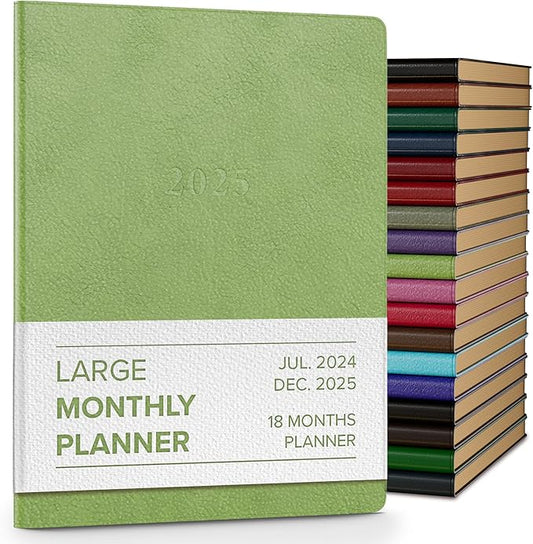 Gallery Leather Large Monthly Planner 2025, Elegantly Bound Calendar Planner and Notebook with Stylish Gold-Gilded Page Edges, 18 Months - Camden Kiwi - 9.75 x 7.5 "