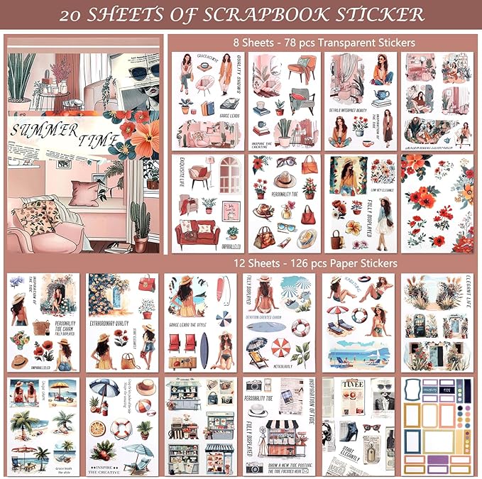 AVECMOI Summer Vacation Stickers for Women, PET & Paper Holiday Sticker Book with 203 Images for Travel Journal, Planner, Scrapbooking, Themed Album, A5