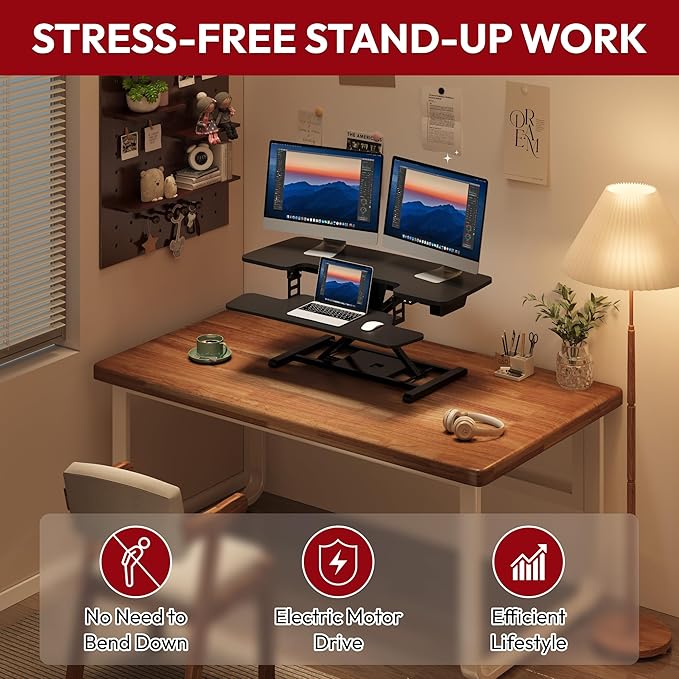 SANODESK 40" Electric Standing Desk Converter， Height Adjustable Riser for Office Home,Dual Monitor and Laptop Workstation with Large Keyboard Tray,Black Color