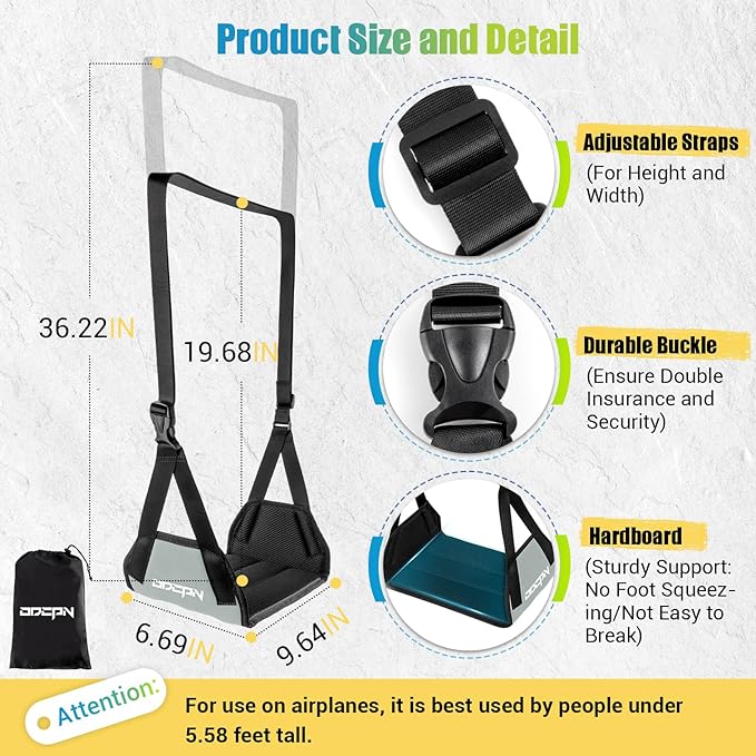 2-Pack Foot Hammock for Plane Travel, No Collapse Thickened Bamboo Airplane Foot Rest with Extended Adjustment Strap, Portable Desk Foot Hammock to Relax Your Feet, Foot Sling Travel Essentials(Grey)