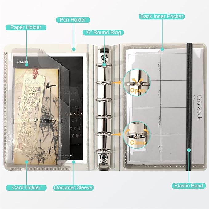 CAGIE A7 Binder 6 Ring Notebook with Dividers Refillable Planner Binder with Pockets, Refill Paper Include Planning Square Ruled and Dotted Pages, 4.13 x 5.71 In, (Blue, A7 Hourly&Dot Page)