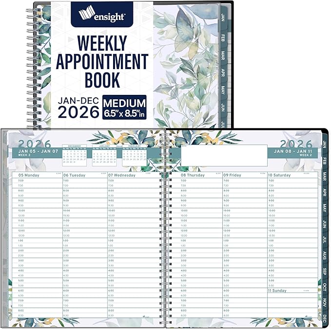 Ensight 2026 Appointment Book and Planner Ensight 6.5 x 8.5 inches Large Tabbed Daily Hourly Weekly Planner Calendar Schedule Book 30 Minute time Slots Jan 2026 Dec 2026 Floral